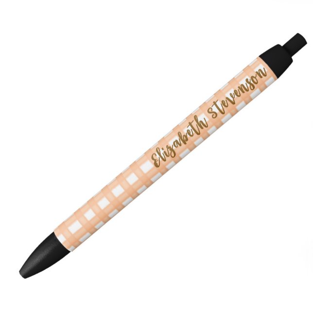 Stylo Noir Nom de script personnalisé Gingham orange  (Créateur téléchargé)
