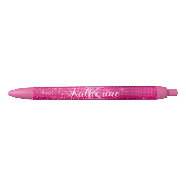 Stylo Noir Nom du monogramme étincelant brillant rose-chaud (Devant)