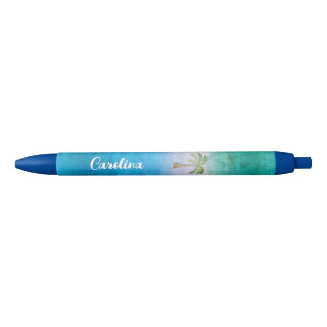 Stylo Noir Nom du palmier tropical océan bleu vert patiné (Devant)