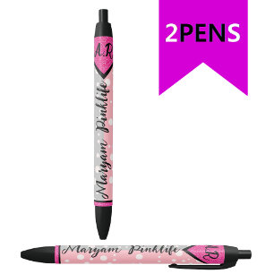 Stylo Noir Nom Élégant Du Monogramme Initial, Fille Colorée