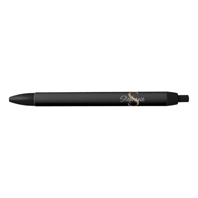Stylo Noir Nom élégant en script Monogramme Noir Or  (Devant)