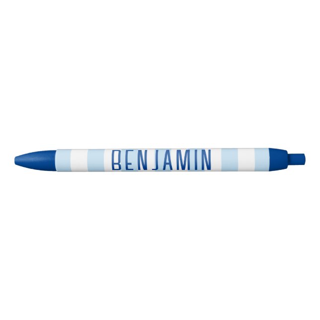 Stylo Noir Nom moderne bleu pâle et blanc rayé (Devant)