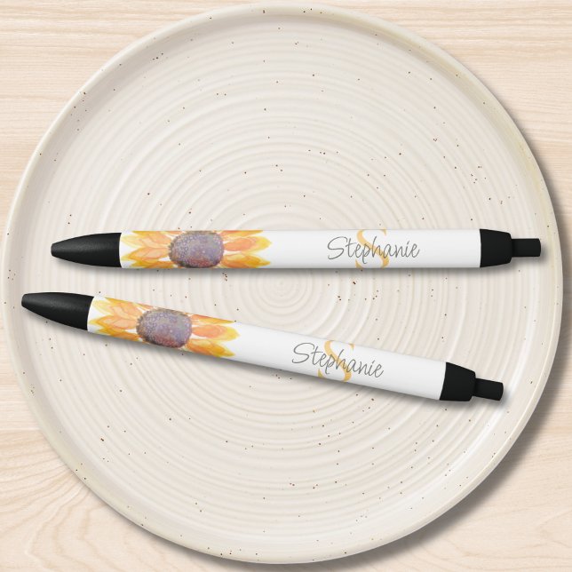 Stylo Noir Nom Monogramme Tournesol Jaune (Créateur téléchargé)