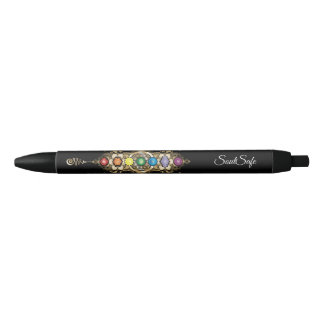 Stylo Noir Nom personnalisé Aligné Gold Chakra