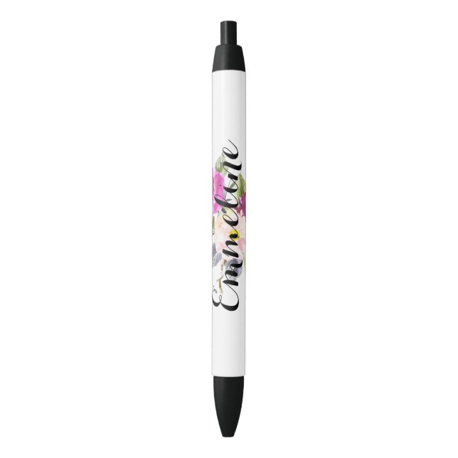 Stylo Noir Nom personnalisé Aquarelle Floral (devant Vertical)