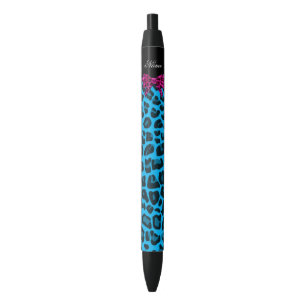 Stylo Noir Nom personnalisé bleu ciel empreinte de léopard ro