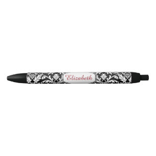 Stylo Noir Nom personnalisé et élégant Damas noir et blanc A2