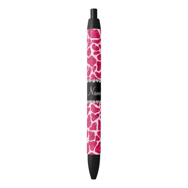 Stylo Noir Nom personnalisé girafe parties scintillant rose (devant Vertical)