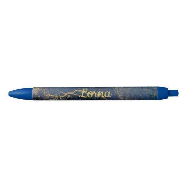 Stylo Noir Nom personnalisé Gold Blue Marble Swirl (Devant)