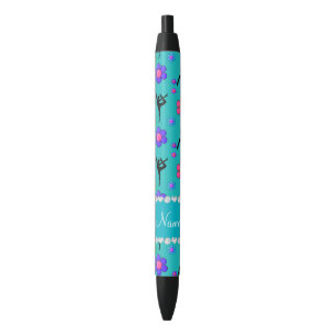 Stylo Noir Nom personnalisé gymnastique turquoise fleurs