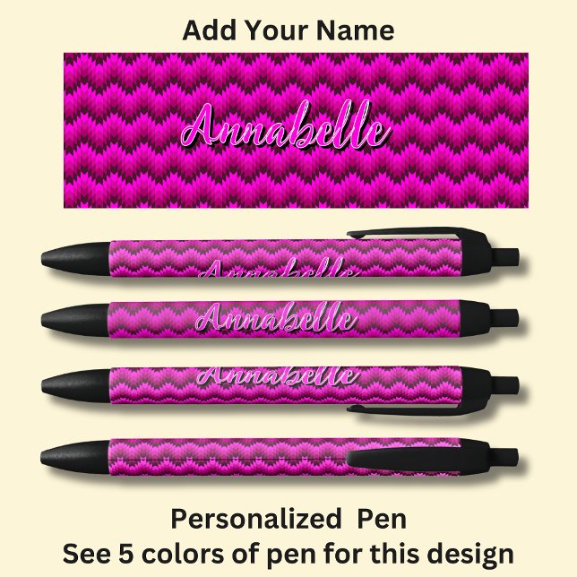 Stylo Noir Nom personnalisé, Hot rose Chevron Zig Zag (Créateur téléchargé)