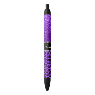 Stylo Noir Nom personnalisé leopard violet indigo violet part
