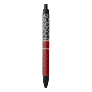 Stylo Noir Nom personnalisé motif léopard rouge gris