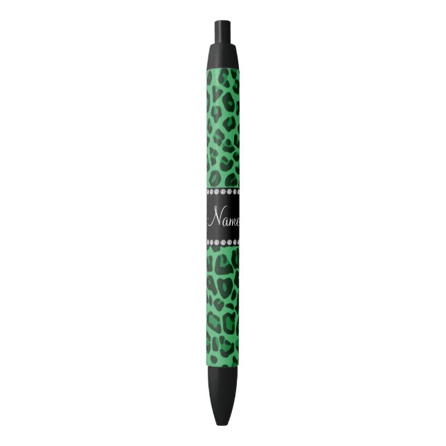 Stylo Noir Nom personnalisé motif léopard vert (devant Vertical)