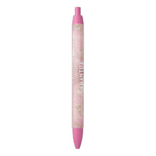 Stylo Noir Nom personnalisé Parties scintillant or rose