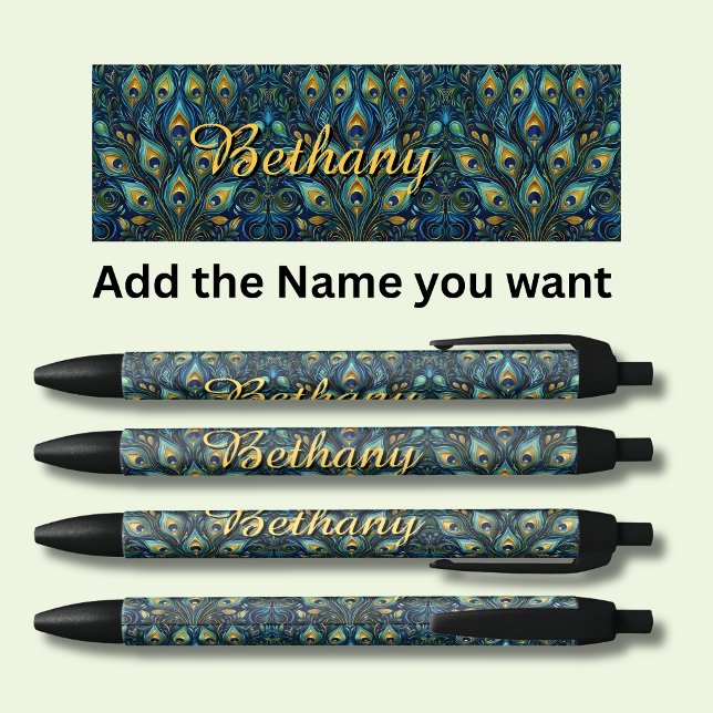 Stylo Noir Nom personnalisé Peacock Feathers (Créateur téléchargé)