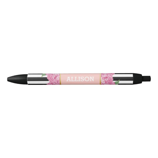 Stylo Noir Nom personnalisé Pink Glam Black Stripes Peony (Devant)