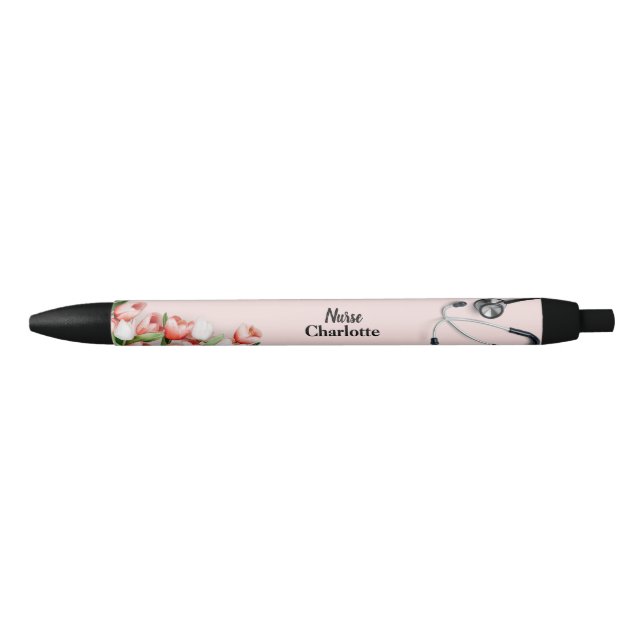 Stylo Noir Nom personnalisé Pink Tulip Floral Stethoscope Inf (Devant)