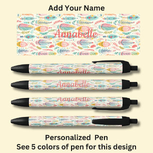 Stylo Noir Nom personnalisé, Plumes Aqua Boho Rose