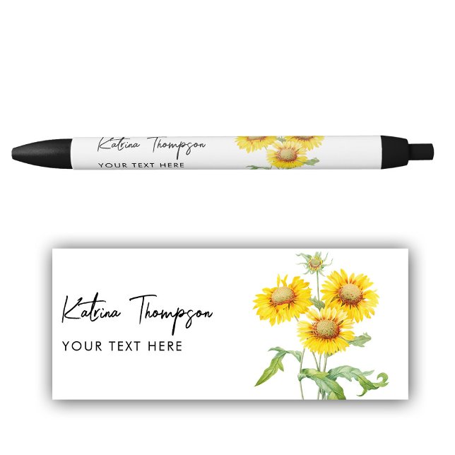 Stylo Noir Nom personnalisé & Texte Tournesols jaunes rustiqu (Personalized Name & Text Rustic Yellow Sunflowers Pen)