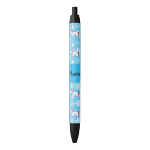 Stylo Noir Nom personnalisé Unicorne bleu flocons de neige