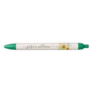 Stylo Noir Nom personnel tournesol printemps