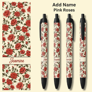 Stylo Noir Nom Roses rouges sur crème