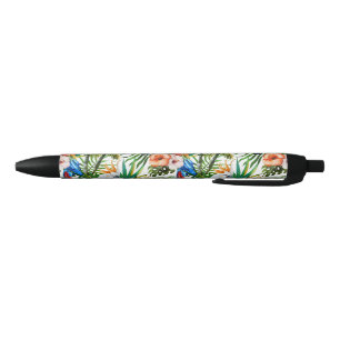 Stylo Noir Oiseaux d'aquarelle et motif tropicaux de