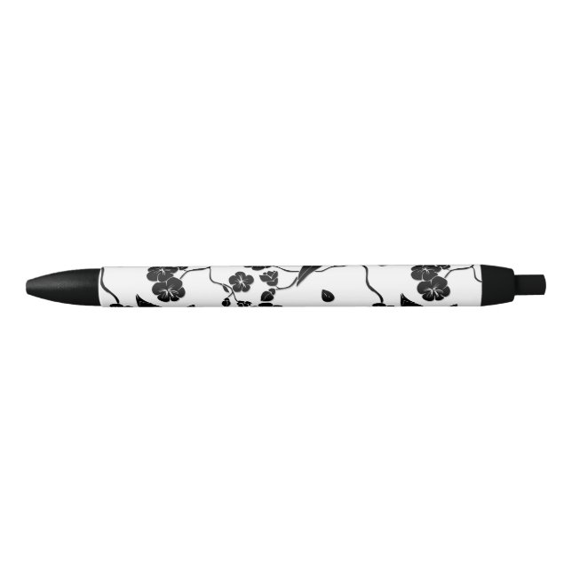 Stylo Noir Oiseaux Motifs noirs et blancs sur les fleurs de c (Devant)