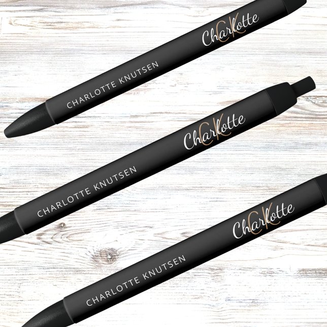 Stylo Noir Or noir personnalisation monogramme nom écriture (Créateur téléchargé)