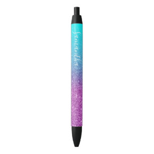 Stylo Noir Paillettes dégradées aqua violet personnalisées fé
