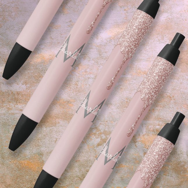Stylo Noir Paillettes roses en gouttes Monogramme écriture fé (Blush Pink Glitter Drips Monogram Girly Script Pen)