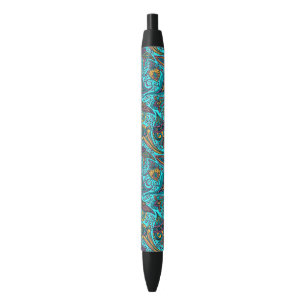 Stylo Noir Paisley floral vintage coloré dos turquoise