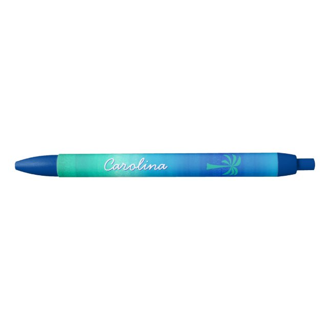 Stylo Noir Palmier tropical Plage Bleu Vert Nom personnalisé (Devant)