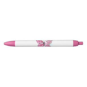Stylo Noir Papillon à fleurs avec Sakura rose