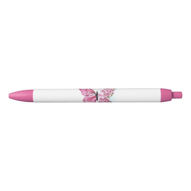 Stylo Noir Papillon à fleurs avec Sakura rose (Devant)