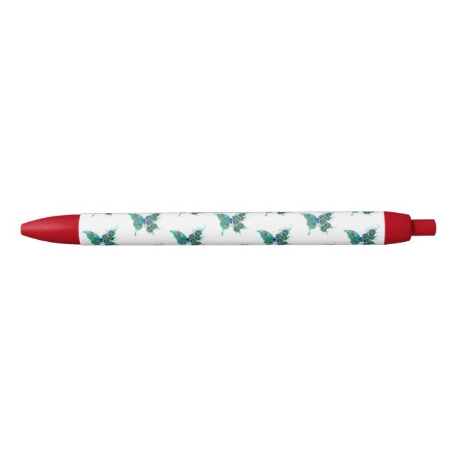 Stylo Noir Papillon aux plumes de paon vert (Devant)