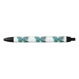Stylo Noir Papillon aux plumes de paon vert