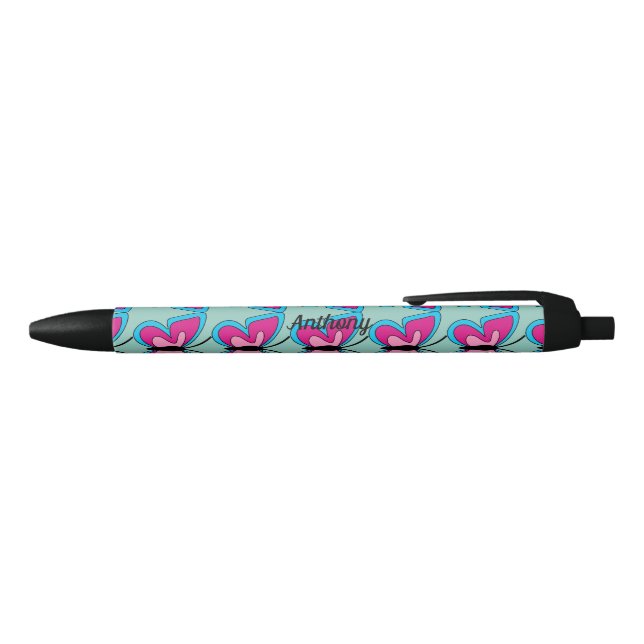 Stylo Noir Papillon bleu magenta rose | Ajouter un nom (Haut)