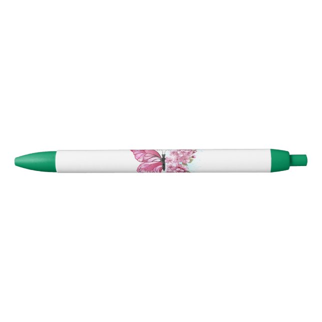 Stylo Noir Papillon de fleurs avec Sakura rose (Devant)