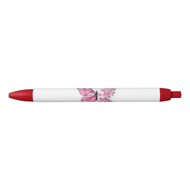 Stylo Noir Papillon de fleurs avec Sakura rose (Devant)