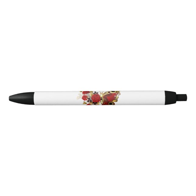 Stylo Noir Papillon de fleurs rouges aux roses rouges (Devant)