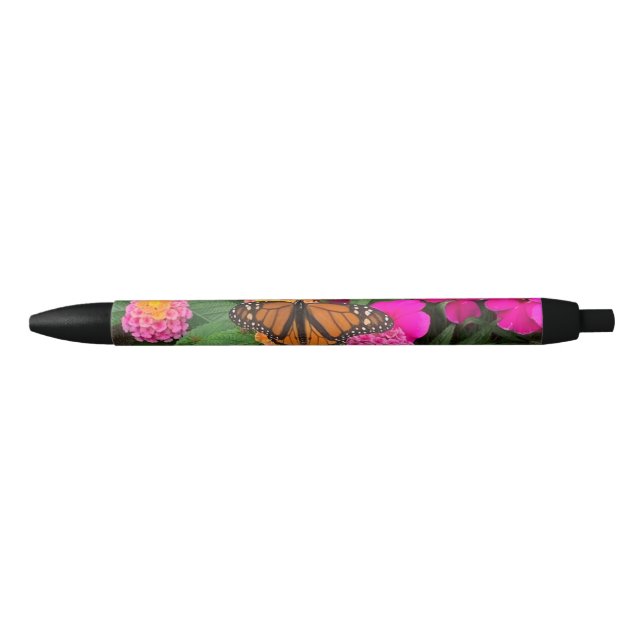 Stylo Noir Papillon monarque et fleurs roses (Devant)