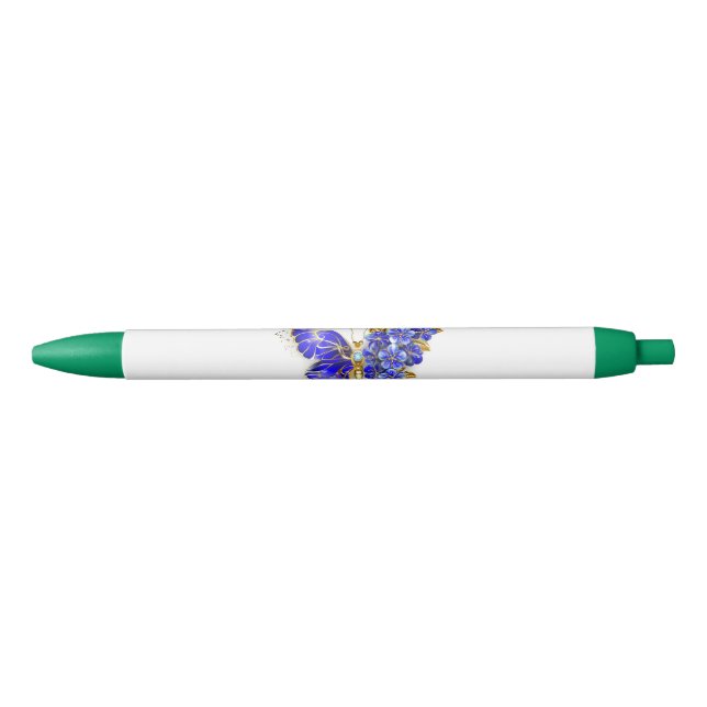 Stylo Noir Papillon saphir à fleurs (Devant)
