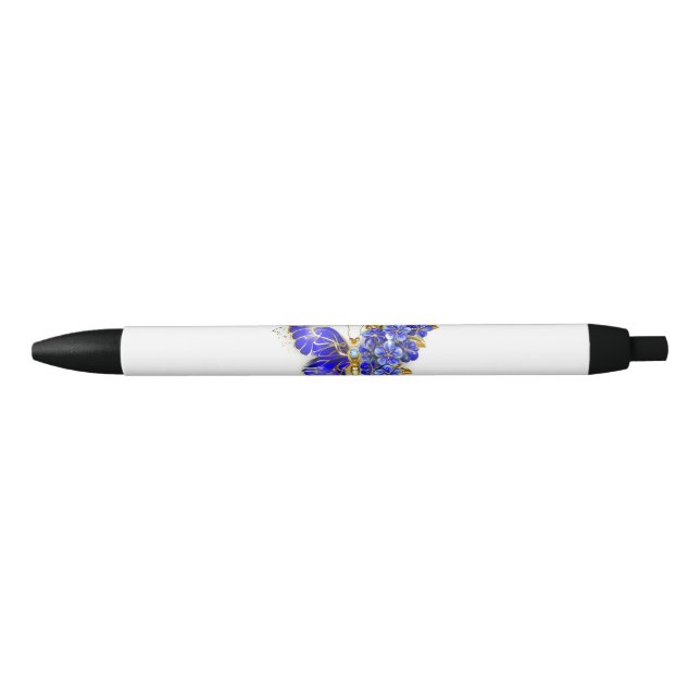 Stylo Noir Papillon saphir à fleurs (Devant)