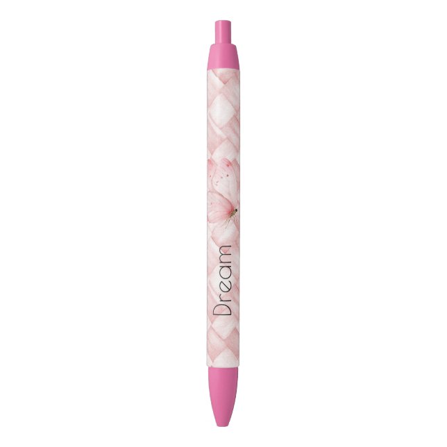 Stylo Noir Papillon Tissage Panier Rose (devant Vertical)