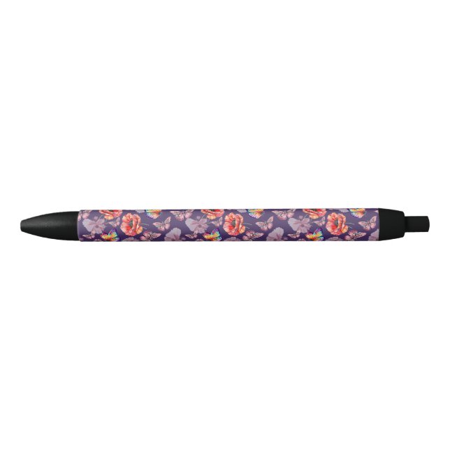 Stylo Noir Papillons et fleurs de pavot (Devant)