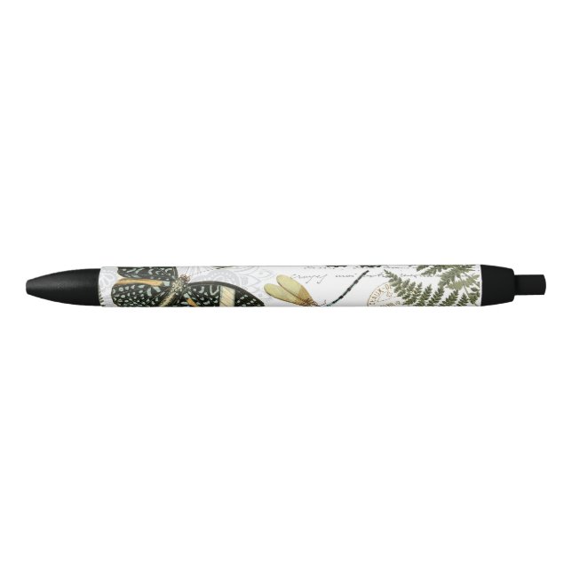 Stylo Noir papillons vintages et libellules modernes (Devant)