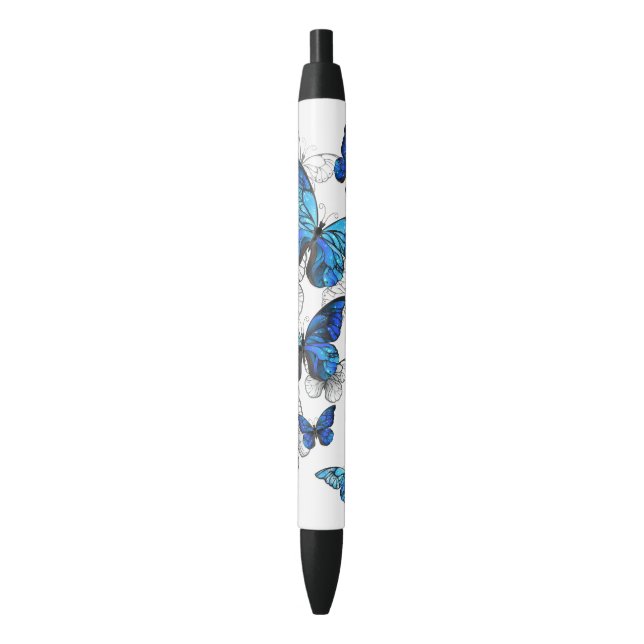 Stylo Noir Papillons volants bleus Morpho (devant Vertical)