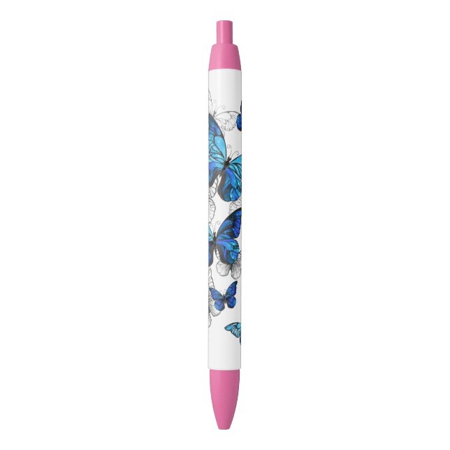 Stylo Noir Papillons volants bleus Morpho (devant Vertical)